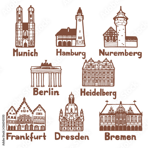 German Famous Landmarks Set in Hand Drawn Style