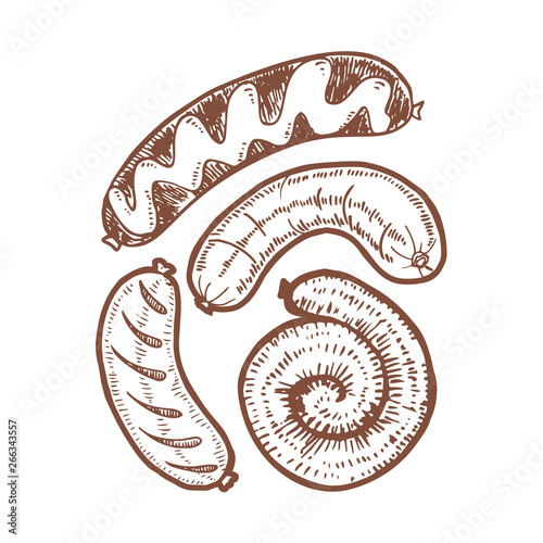Isolated Sausage Set in Hand Drawn Style