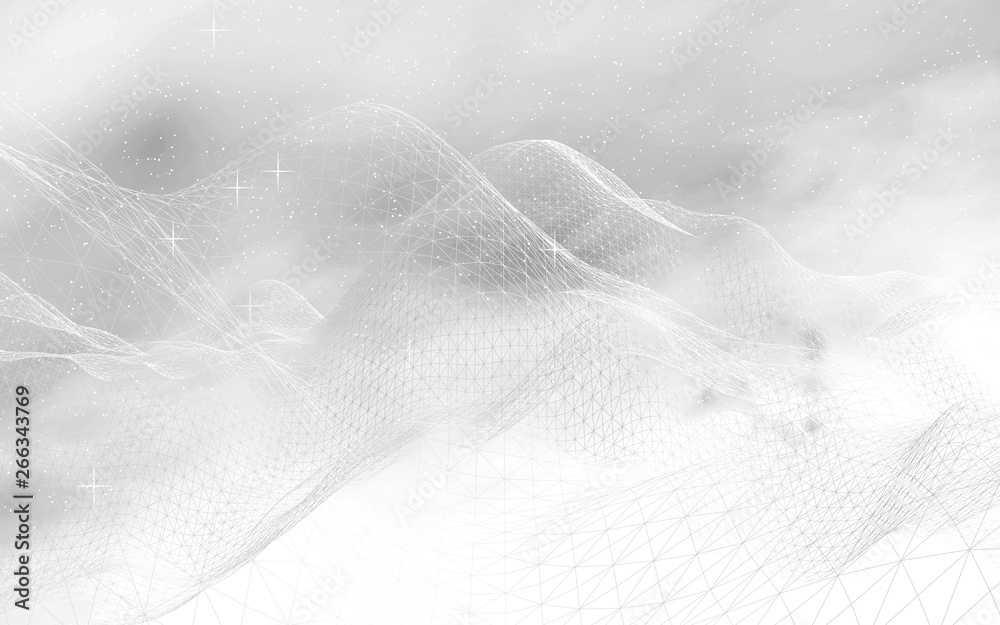 White abstract background. Hi tech network. Cyberspace grid. Outer space. Starry outer space texture. 3D illustration