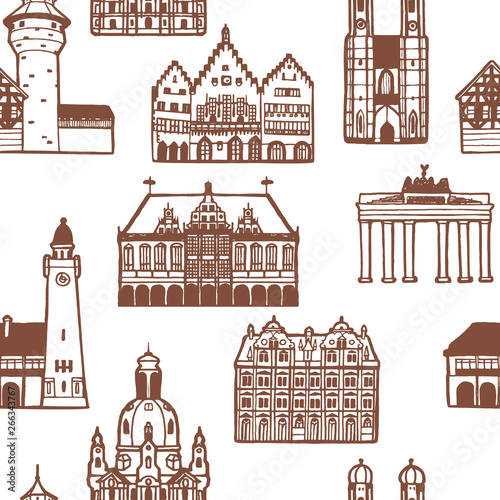 German Famous Landmarks Pattern in Hand Drawn Style