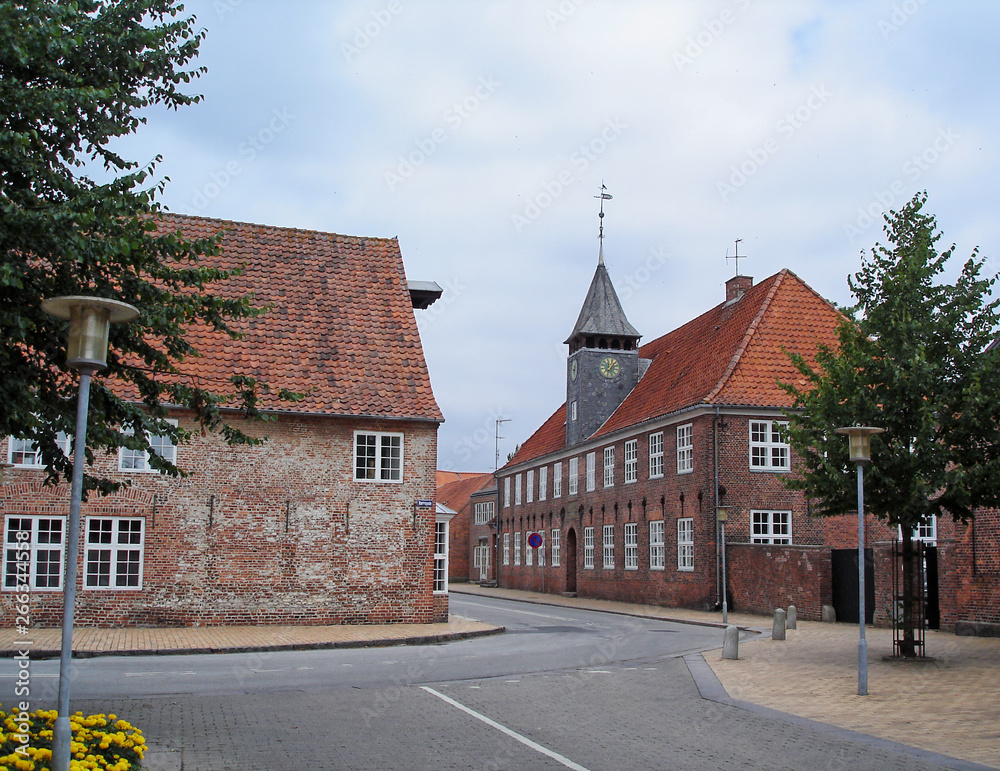 Historical red brick buildings in small Danish town Tonder. Denmark, Europe
