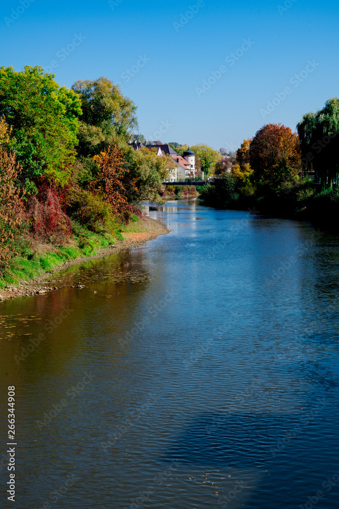 houses and trees in autumn colors along river in  Donauwörth, Germany