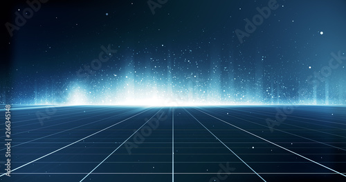 Futuristic digital grid and particles abstract cyber technology environment background. 3D Illustration.