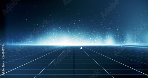 Futuristic digital grid and particles abstract cyber technology environment background. 3D Illustration.