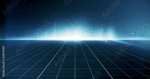 Futuristic digital grid and particles abstract cyber technology environment background. 3D Illustration. photo