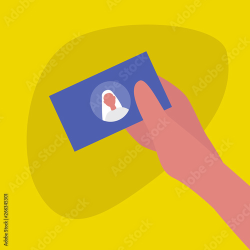 Hand holding a business card with a portrait of young caucasian female character.  Your text here. Template / flat editable vector illustration, clip art