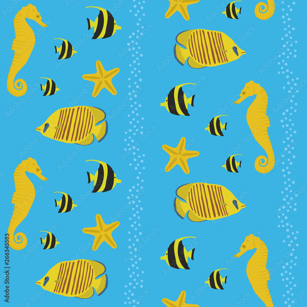 Seamless background on the marine theme with yellow seahorses, fishes and sea stars with bubbles vector illustration eps Seamless background on the marine theme with yellow seahorses, fishes and sea stars with bubbles vector illustration eps