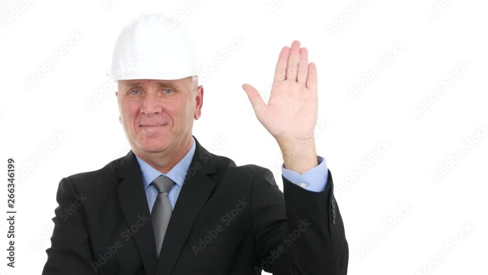 Confident Engineer Image Smile Pleased Salute and Make Hello Hand Gestures Confident Engineer Image Smile Pleased Salute and Make Hello Hand Gestures