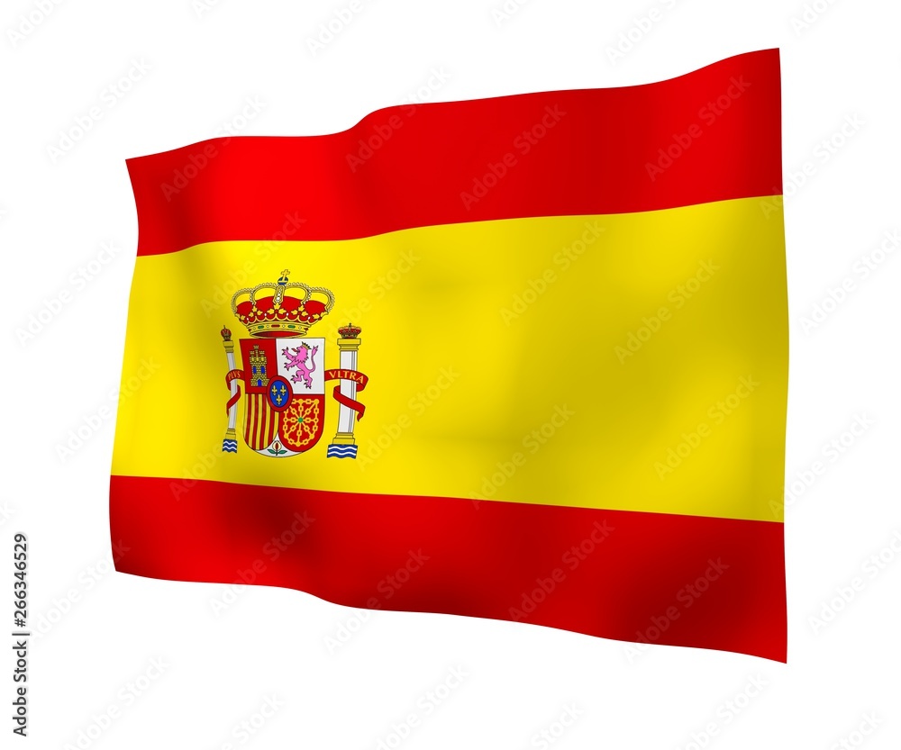 The flag of Spain. Official state symbol of the Kingdom of Spain. Concept: web, sports pages, language courses, travelling, design elements. 3d illustration The flag of Spain. Official state symbol of the Kingdom of Spain. Concept: web, sports pages, language courses, travelling, design elements. 3d illustration