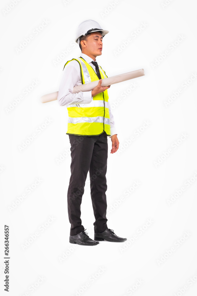 studio shot,young architect or engineer holding drawing paper on white background studio shot,young architect or engineer holding drawing paper on white background