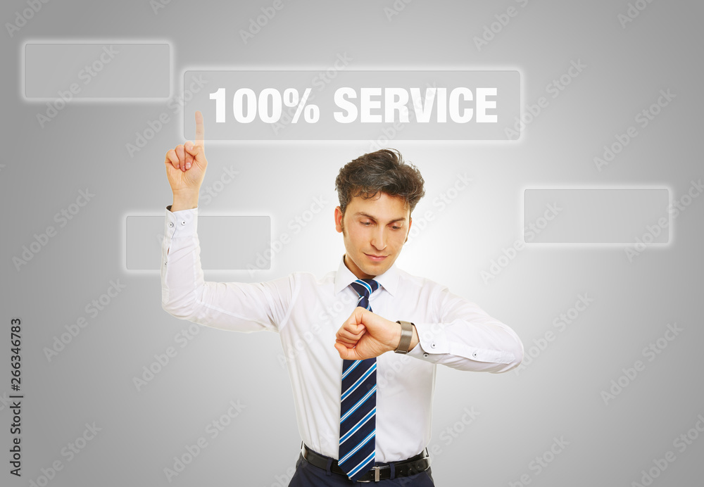 Business Mann schaut auf Uhr mit Slogan 100% Service Business Mann schaut auf Uhr mit Slogan 100% Service