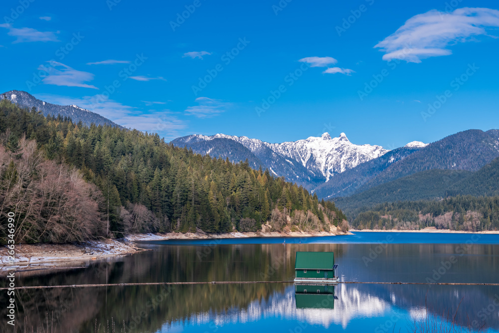 Mountain Lake with Blue Sky in British Columbia, Canada.