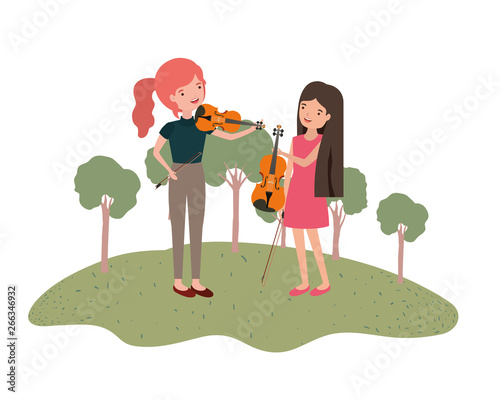 women with musical instruments in landscape