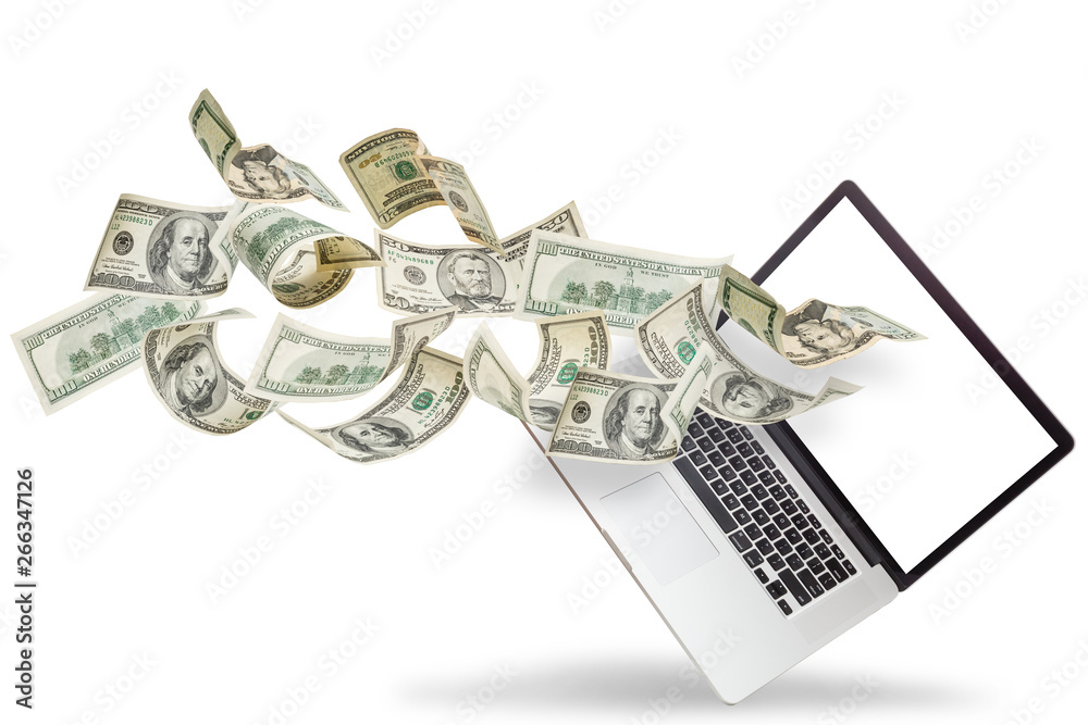 Money pouring out from a notebook computer Money pouring out from a notebook computer