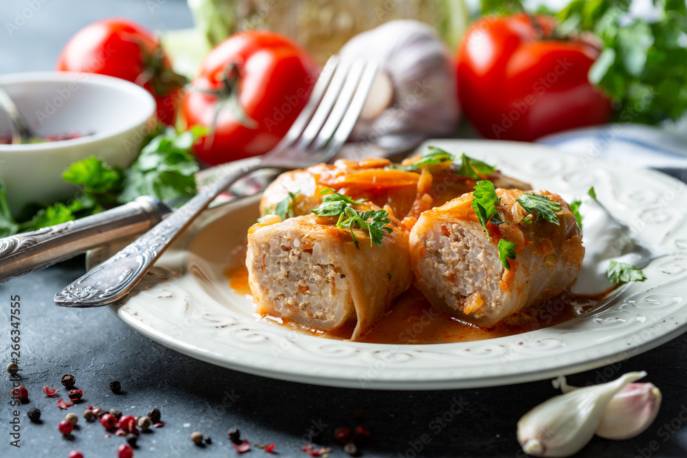Cabbage rolls with minced meat and sour cream. Cabbage rolls with minced meat and sour cream.