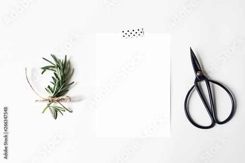 Feminine stationery, desktop mock-up scene. Blank greeting card, washi tape, black vintage scissors and rosemary herb.White table background. Flat lay, top view. Rustic composition.