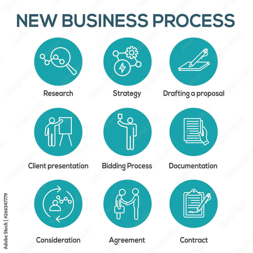 New Business Process Icon Set with Bidding Process, Proposal, Contract
