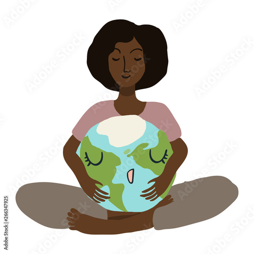 Happy cute planet earth being hug by woman. Global warming climate change concept vector illustration isolated on white.