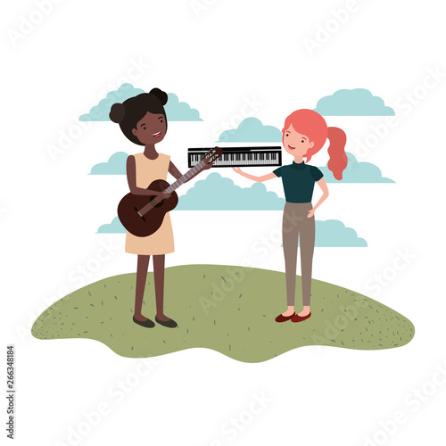 women with musical instruments in landscape