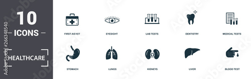Healthcare icons set collection. Includes simple elements such as First Aid Kit, Eyesight , Lab Tests, Dentistry, Medical Tests, Lungs and Kidneys premium icons