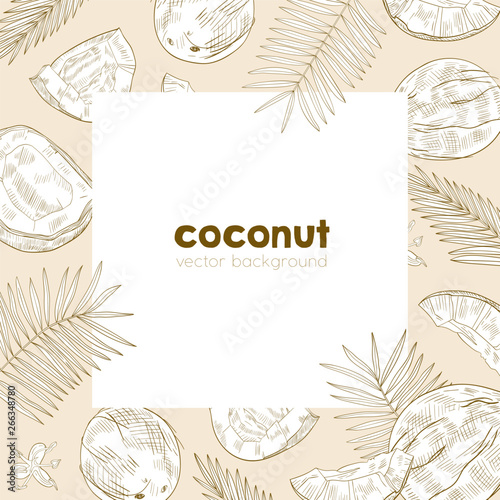 Summer square background template with frame made of fresh ripe coconuts, palm tree leaves and flowers hand drawn with contour lines