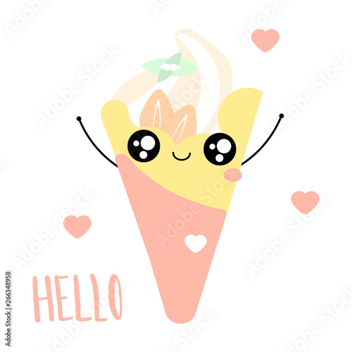 Cute kawaii vector illustration of happy cartoon crepe character isolated on white.