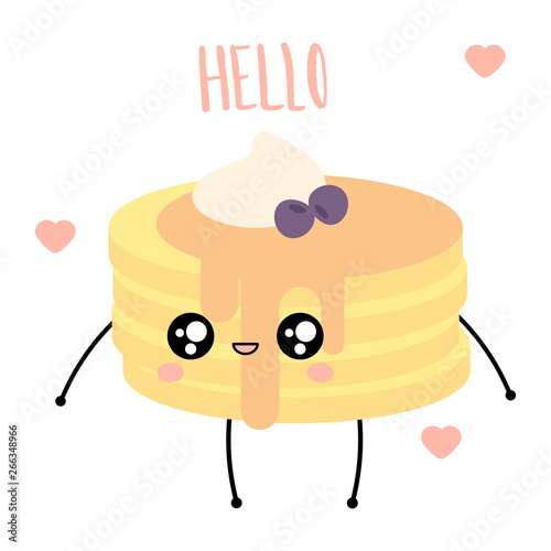 Cute kawaii vector illustration of happy cartoon pancake character isolated on white.