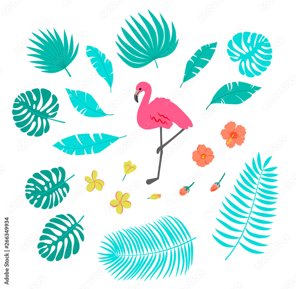 Summer set with flamingo, palm leaves and tropical flowers Summer set with flamingo, palm leaves and tropical flowers