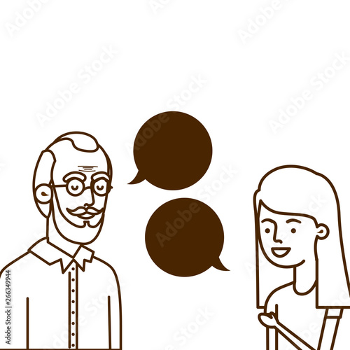 girl and grandfather with speech bubble character