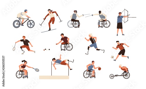 Collection of male and female paralympic athletes isolated on white background. Bundle of disabled people with prosthetic limbs performing sports activities. Flat cartoon vector illustration.