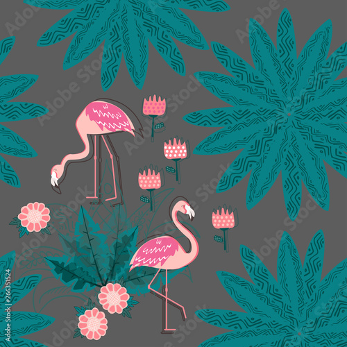 Seamless pattern. Flamingo and a Tropical forest. Textile composition.
