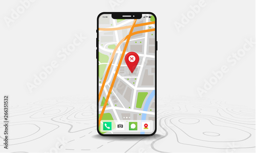 Smartphone with map and red pinpoint on screen, isolated on line maps background.