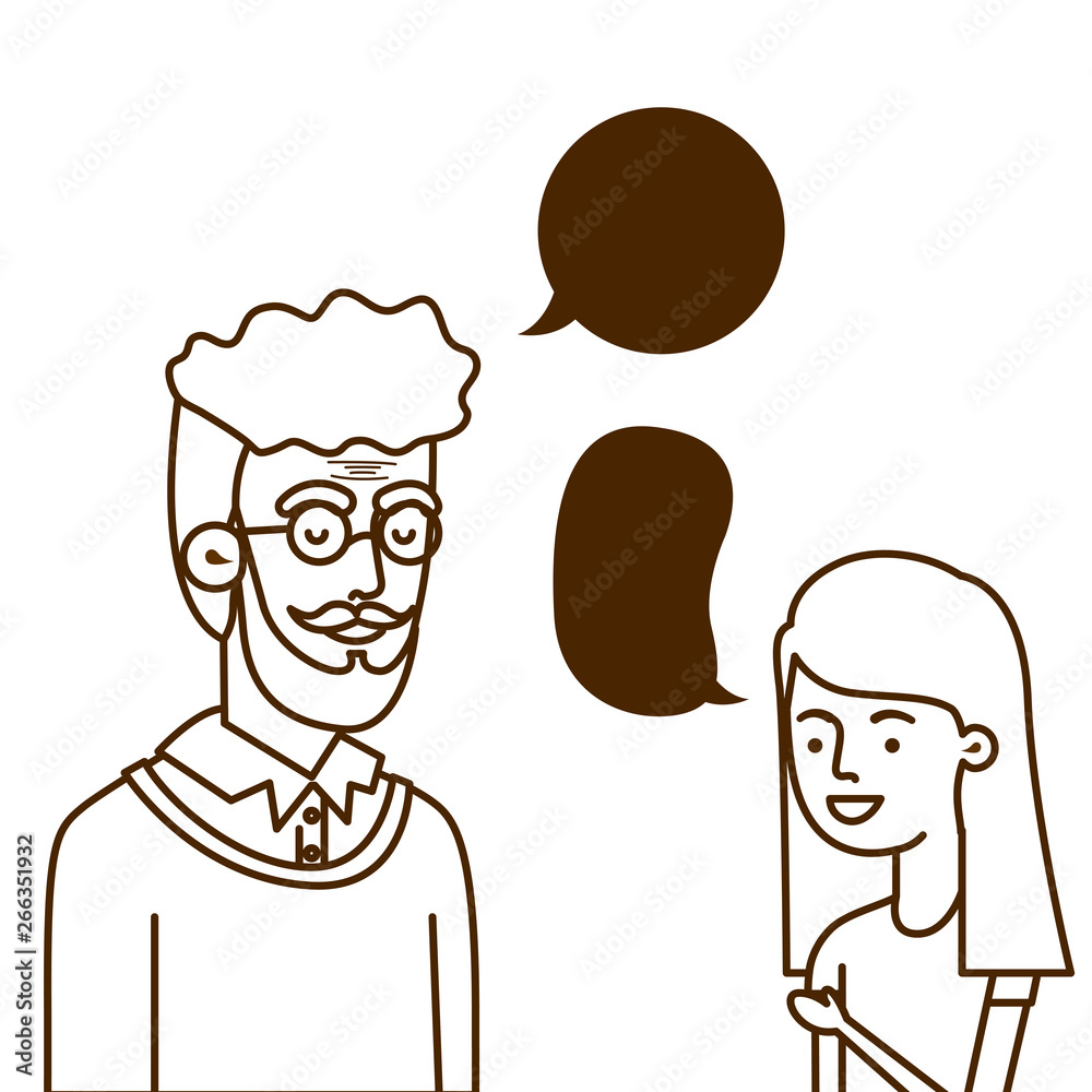 girl and grandfather with speech bubble character