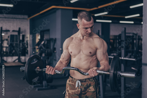 Muscular shirtless man working out at the gym, lifting heavy barbell. Ripped athletic man with sexy stron body doing biceps exercises with barbell. Sports motivation, bodybuilding concept