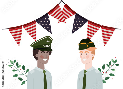 men soldiers of war with flag of united states background