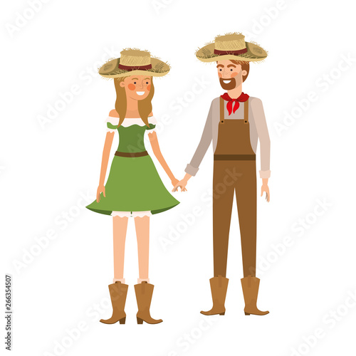 farmers couple talking with straw hat