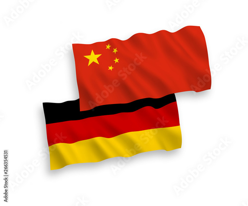 National vector fabric wave flags of Germany and China isolated on white background. 1 to 2 proportion.