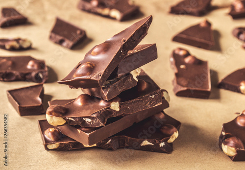 Dark chocolate with nuts closeup