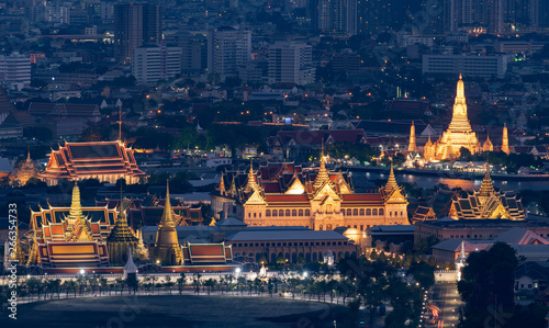 Bangkok famous landmark Wat Phrakaew and Grand Palace at night.