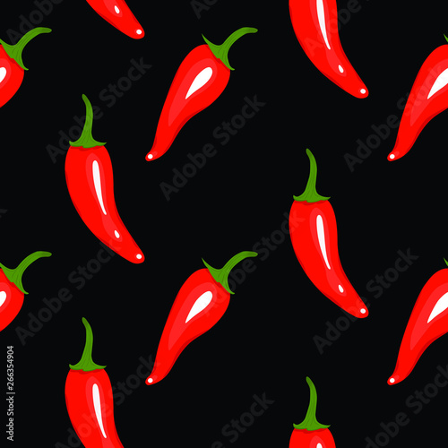 Red chilli pepper seamless pattern. Colorful peppers isolated on black background.