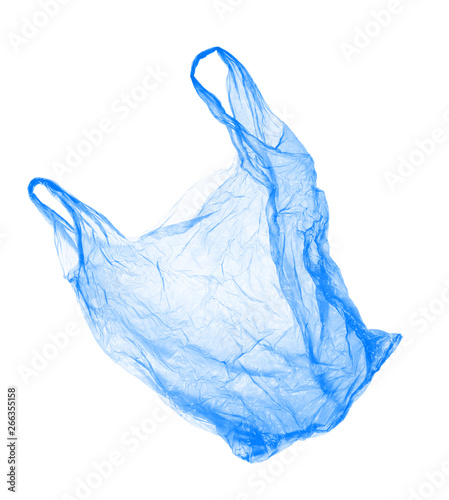 Blue plastic bag on white background. Isolated photo