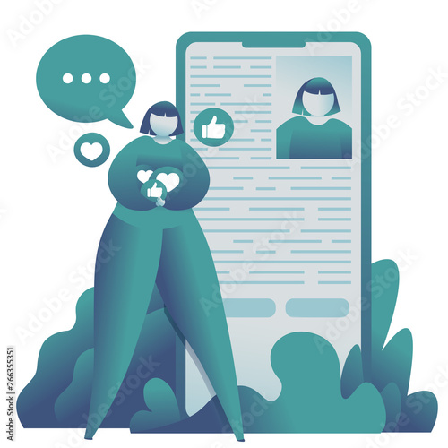 Illustrating of teenage blogger girl near smartphone searching friends and collecting likes.
