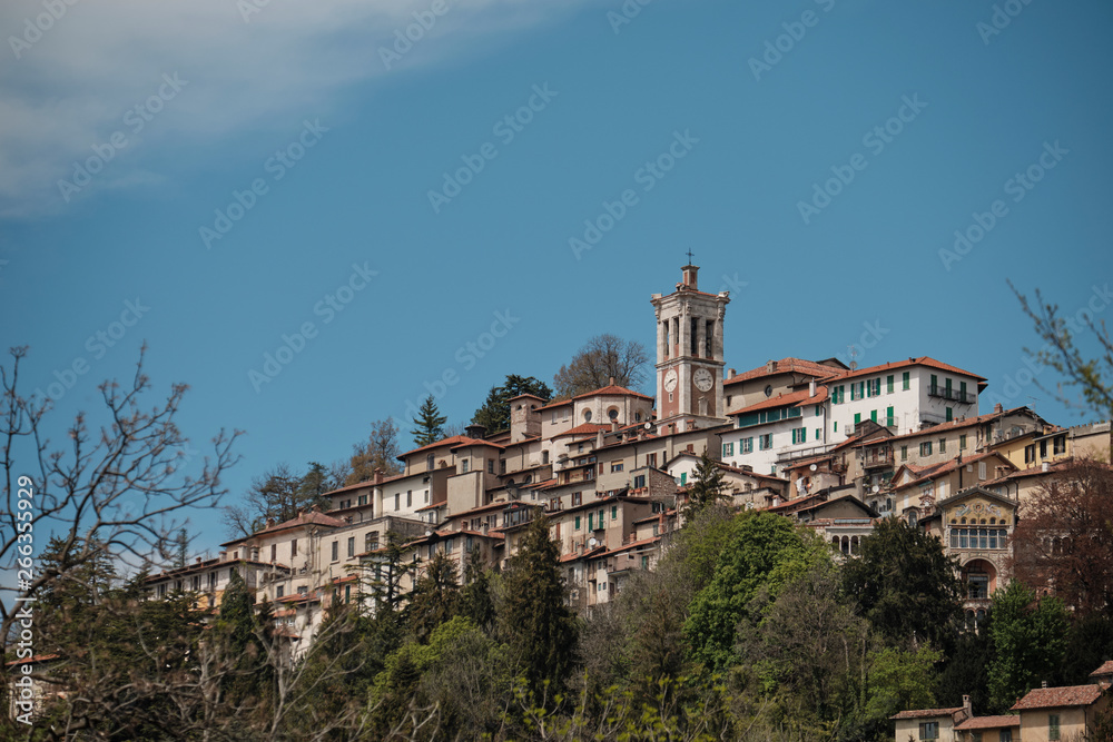 view of the old village along the path of the historic pilgrimage route from Sacred Mount or Sacro Monte of Varese, Italy - Lombardy.