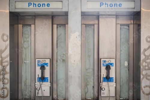 NEW YORK, USA - FEBRUARY 23, 2018: Old phone booths on the streets of Manhattan