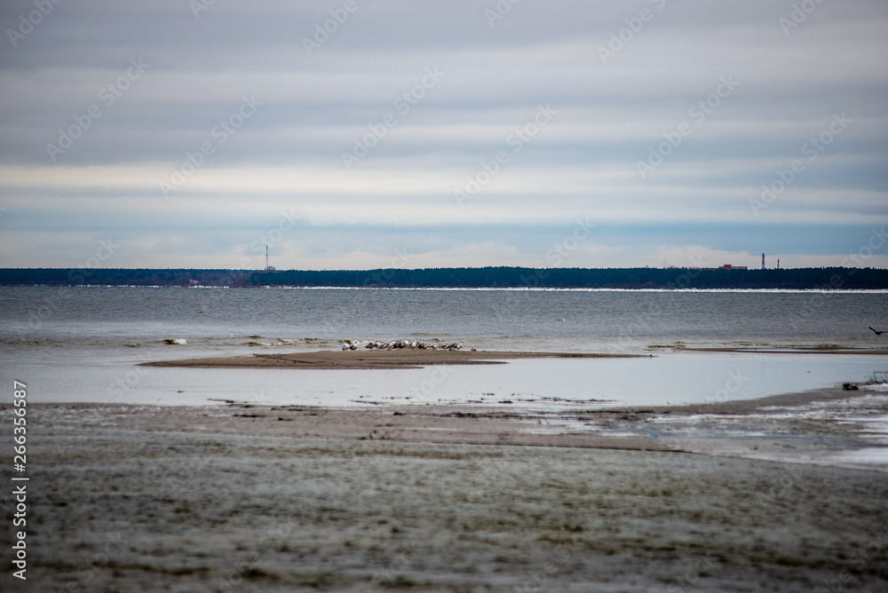 frozen snow covered beach by the sea