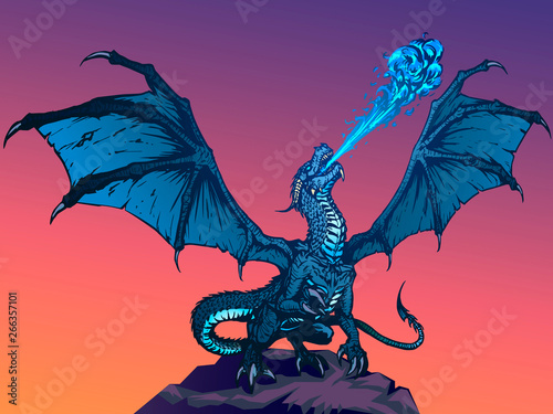 Dragon fire breathing spreading wings, illustration