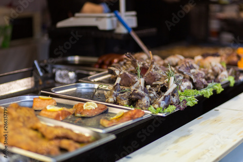 Fast Food Counter. Meat appetizers. Catering at festivals, concerts and celebrations