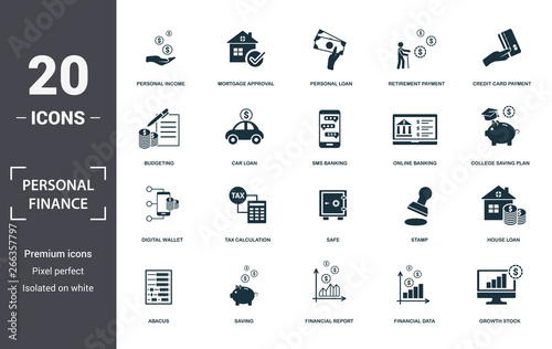 Personal Finance icons set collection. Includes simple elements such as Personal Income, Mortgage Approval, Personal Loan, Retirement Payment, Credit Card Payment, Tax Calculation and Safe