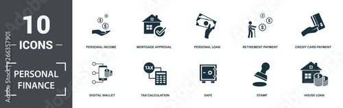 Personal Finance icons set collection. Includes simple elements such as Personal Income, Mortgage Approval, Personal Loan, Retirement Payment, Credit Card Payment, Tax Calculation and Safe