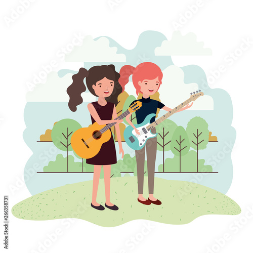 women with musical instruments in landscape